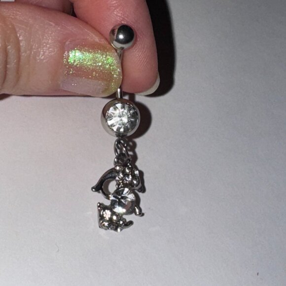 Clear Rhinestone Dolphin Dangle Belly Ring - Picture 9 of 12
